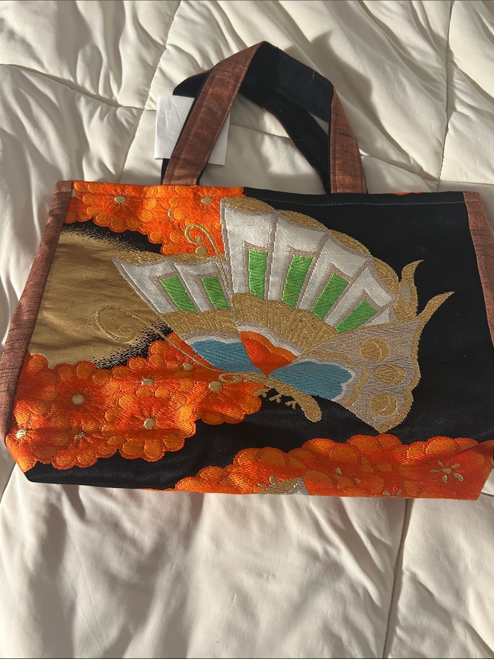 Embroidered Japanese Floral Fan Tote Bag in Black and Orange